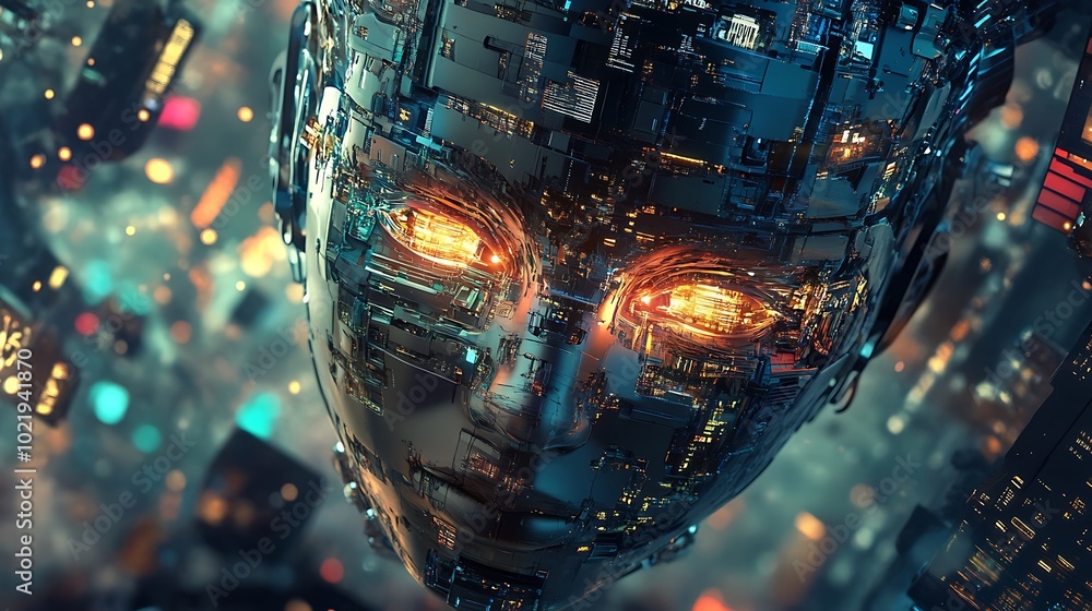 Poster futuristic ai robot face with glowing eyes in a digital abstract background. artificial intelligence