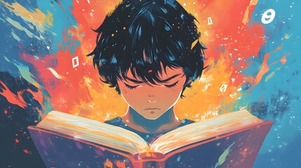 A boy with short black hair is reading an open book, with a colorful background, a close-up of his face and head, in a flat illustration style
