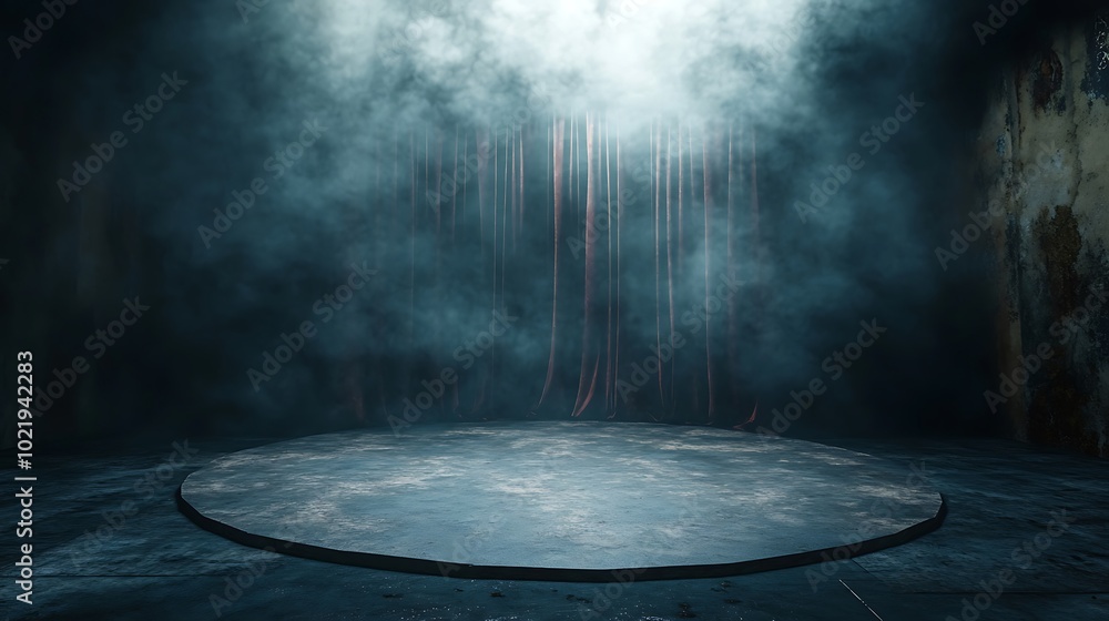 Poster dark and mysterious circular platform with raindrops falling in a foggy forest. fantasy background w