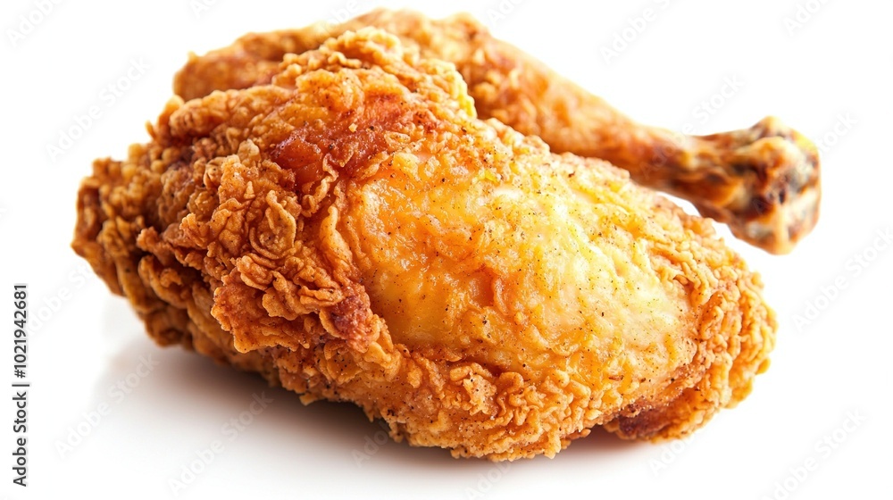 Poster   Close-up of a fried chicken piece on a white plate with a missing bite