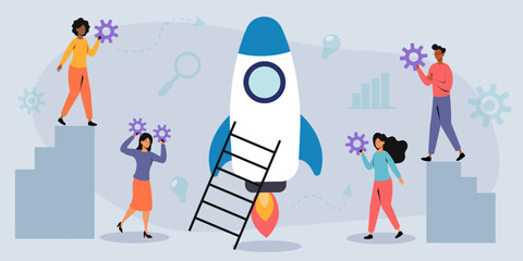 Team members collaborating to launch a rocket in a creative workspace during a brainstorming session