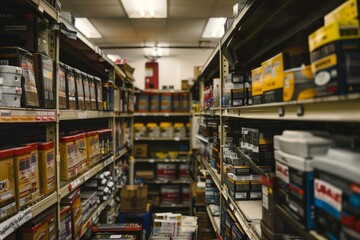 Fototapeta premium Narrow aisle running between shelves full of products in a hardware store
