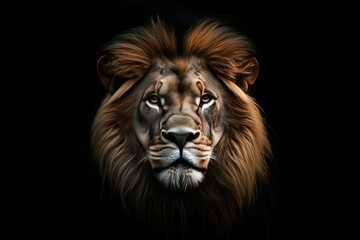 Naklejka premium Striking Portrait of a Lion Against Dark Background
