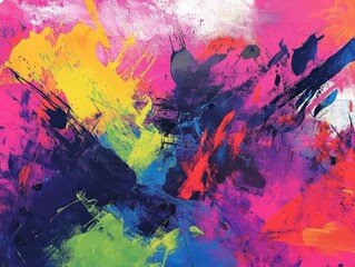 abstract splashes of neon paint burst across the canvas, creating a dynamic composition that energizes the viewer with its vivid colors and expressive movement