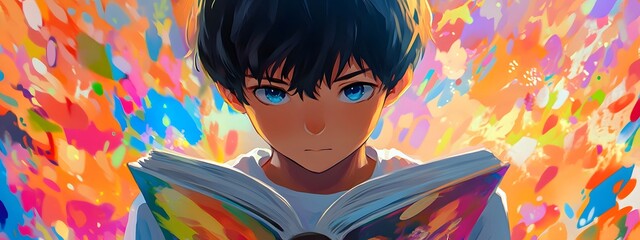 A boy with short black hair is reading an open book, with a colorful background, a close-up of his face and head, in a flat illustration style