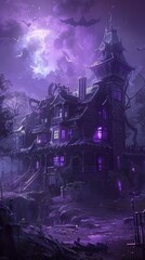 Haunted house in the dark night, spooky background, cartoon style, purple and...