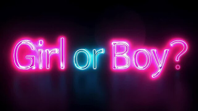 Neon "Girl or Boy?" text glowing in pink and blue on a dark background, suggesting a gender reveal party