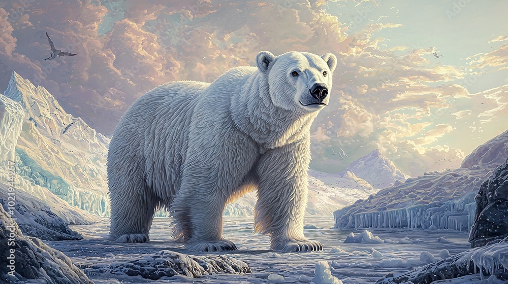 Wall mural   A mammoth white polar bear perched atop a snow-capped mountain, surrounded by a soaring bird and a flying bird in the sky