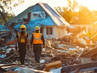 Property recovery crew repairing hurricane damage, storm restoration
