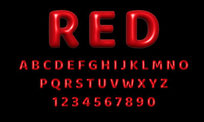Red font realistic, blown, 3d design. Collection of glossy letters in cartoon style. The fonts are three-dimensional, inflated from a balloon. 