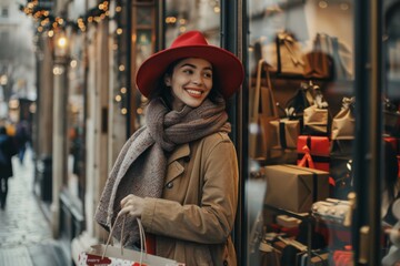 In a winter street scene, a chic woman in a vibrant red hat is all smiles as she shops, radiating excitement and festive vibes. Her elegant demeanor and joy create a warm and welcoming atmosphere