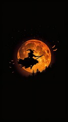 Silhouette of a witch flying on a broomstick against a full moon, in a...