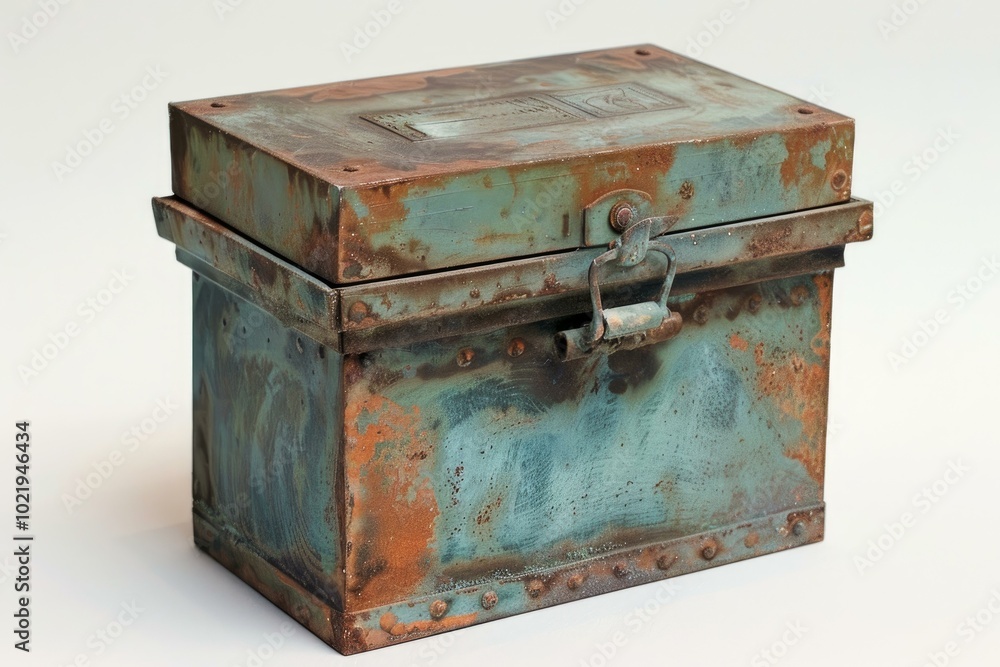 Poster old rusty metal box with a handle is sitting on a white background