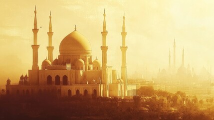 A grand mosque with domes and minarets, set against a warm, golden sunset.