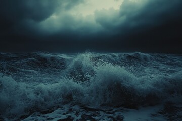 Dark Waves Crashing Against Each Other Under a Stormy Sky