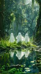 Three cute white ghosts, walking in the green swamp bayou, amidst mossy oak...