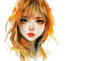 Obraz premium Anime girl portrait with watercolor style and orange hair on a white background