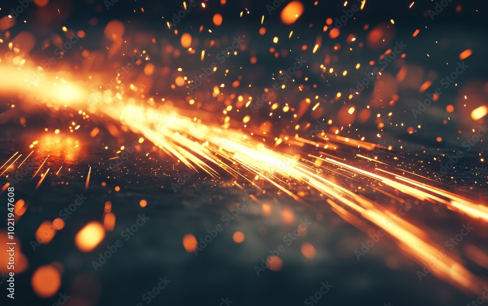Poster a dynamic display of sparks and light, evoking energy and motion in an industrial setting.