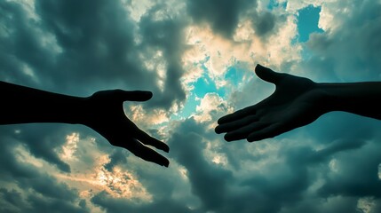 Hands extended towards each other under a dramatic cloudy sky, silhouetted to represent salvation generative ai