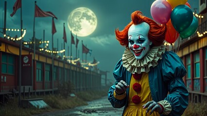 Halloween creepy clown with balloons embodying a thrilling and chilling spirit of the festive season for fun celebrations