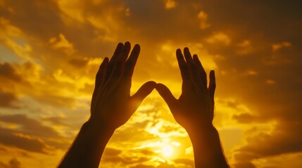 Hands reaching toward the sky, silhouetted against the backdrop of a golden sunset. generative ai