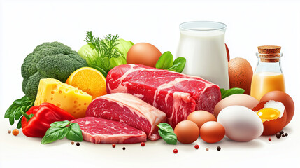 Fresh Produce, Quality Meat, Eggs & Selenium Elements in Business Illustration Style - Healthy Food Concept