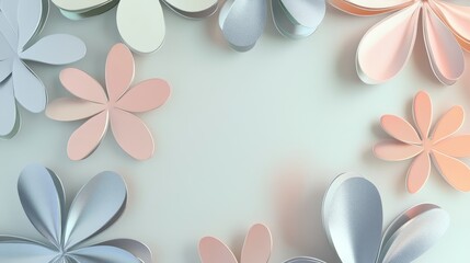 A serene arrangement of paper flowers in soft colors, creating a delicate and artistic border.