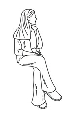 Sad woman sitting and thinking, female body sketch