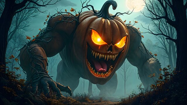 Halloween giant pumpkin monster in a haunted forest creating a thrilling and spooky atmosphere