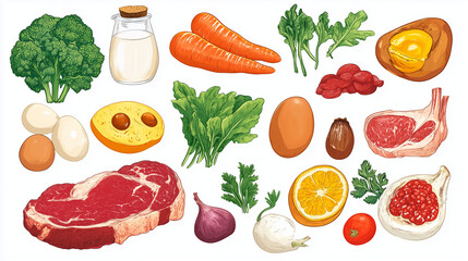 Fresh Produce, Quality Meat, Eggs & Selenium Elements in Business Illustration Style - Healthy Food Concept