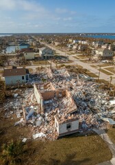 Obraz premium Aerial view of hurricane damage in coastal neighborhood, showcasing destruction and impact on homes and community