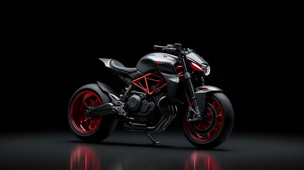 Isolated chrome motorcycle wheel with red spokes against a black background futuristic motorcycle