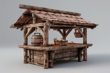 Charming medieval market stall crafted from wood, featuring a tiled roof and stocked with fresh produce, awaits customers