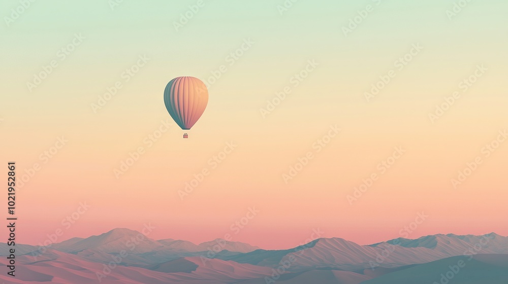 Canvas Prints   Hot air balloon flies over mountain range during sunset, showcasing pink and blue sky