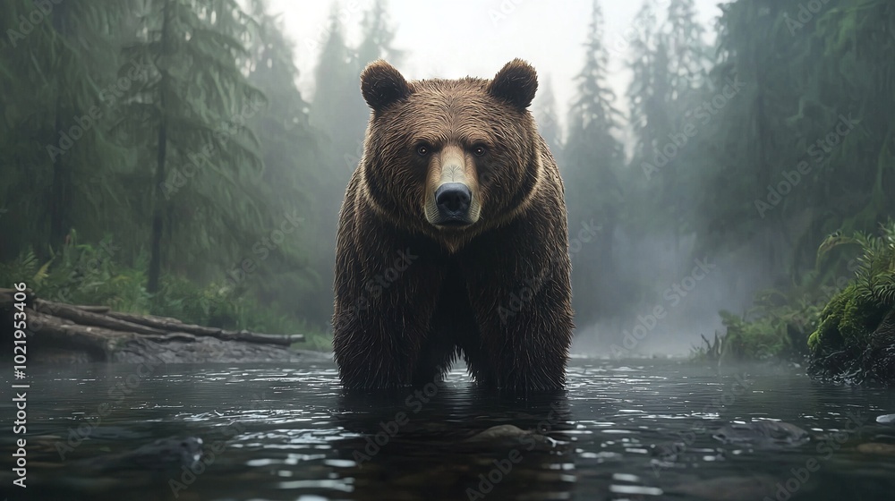 Poster   Large brown bear in river, surrounded by forest full of trees