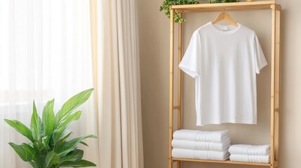 A bamboo rack holds neatly hung towels, illuminated by natural light streaming through a window. Folded towels beneath enhance the serene and minimalist atmosphere filled with green plants