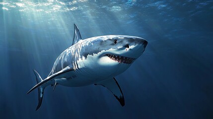   A Great White Shark glides through water below the surface, sunbeams filtering upwards