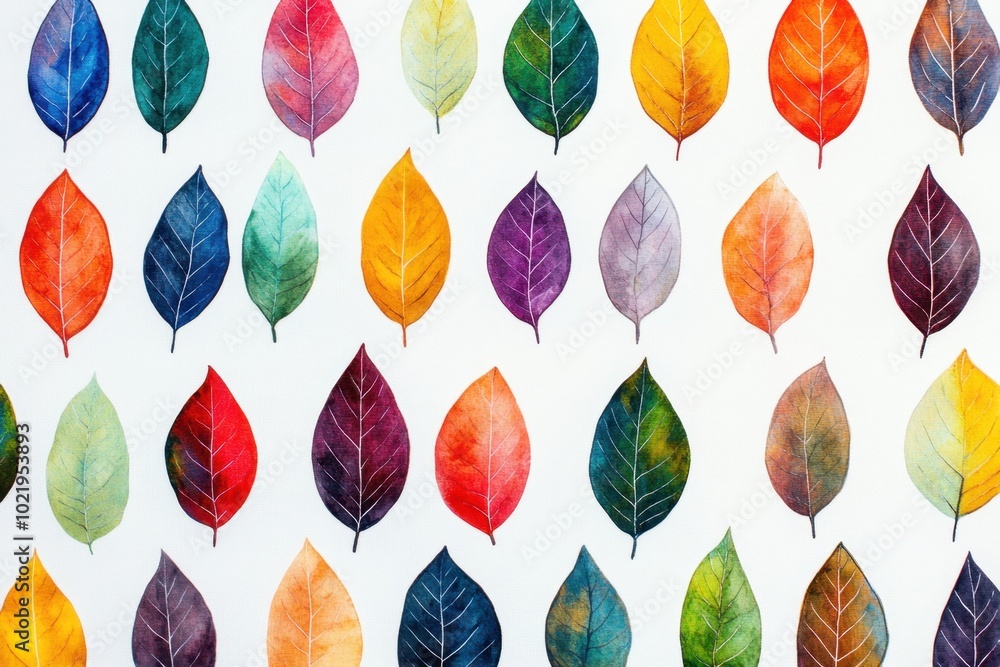 Poster a pattern of colorful autumn leaves arranged in rows on a white background, with each leaf represent