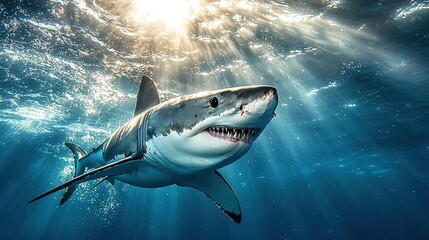 Fototapeta premium A great white shark glides beneath the water's surface as sunlight filters through above