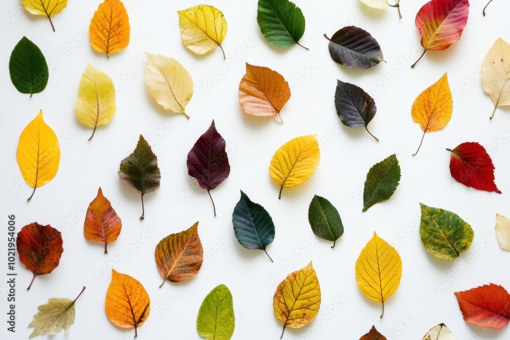 Poster a pattern of various leaves in different colors, arranged on a white background generative ai