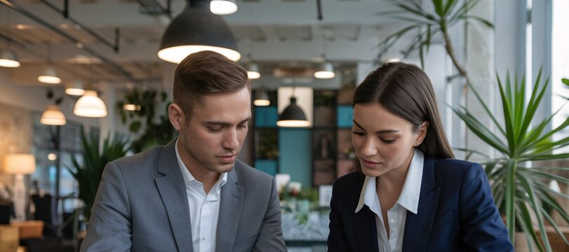 Focused Collaboration: Business professionals reviewing documents together in a modern office.  A serious and concentrated atmosphere. 