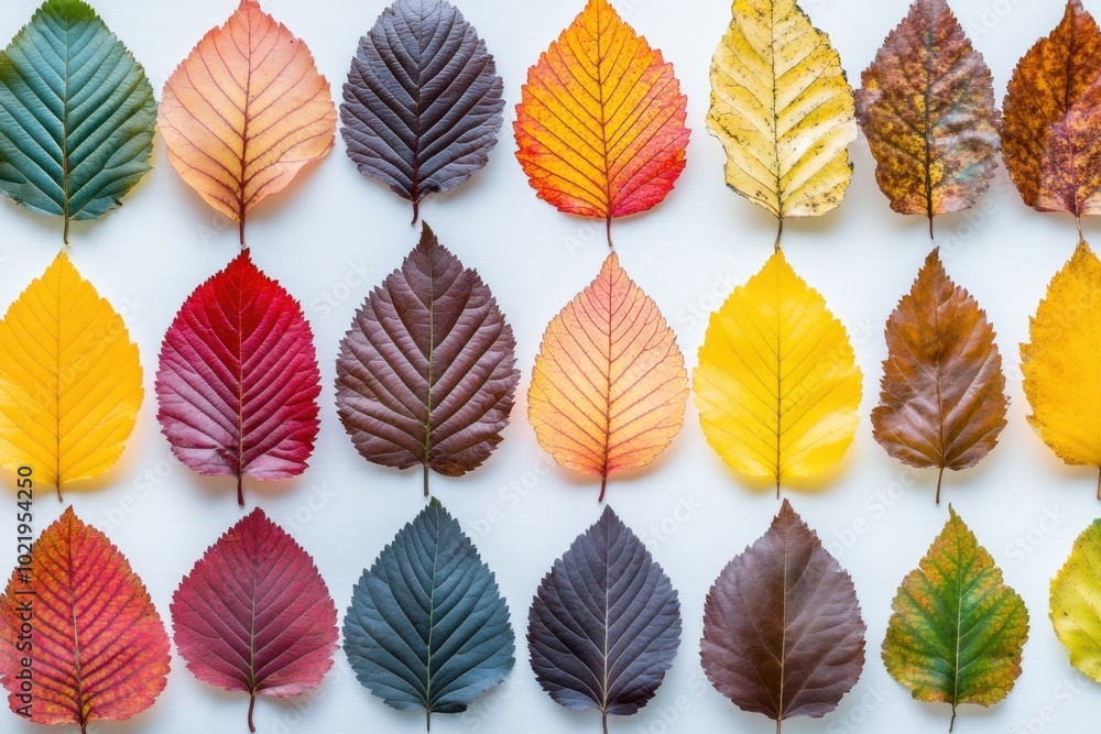 Poster a variety of colorful autumn leaves arranged in rows on a white background, creating an abstract pat