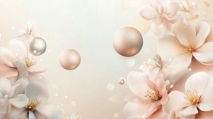 Obraz premium A serene floral background featuring soft blossoms and elegant spheres, ideal for design projects.