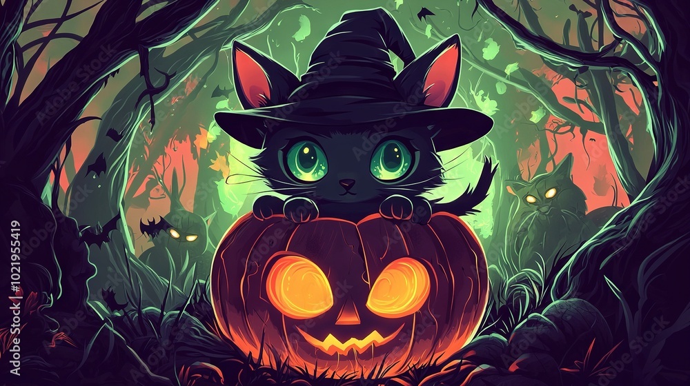 Poster   A black cat wearing a witch's hat sits on a Jack O'Lantern in a dark forest at night