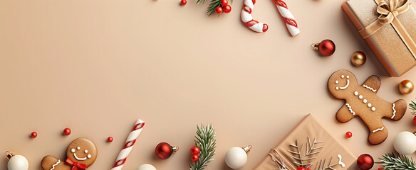 Christmas background with red and beige decorations on the edges, candy canes, gingerbread cookies, stars, ornaments, on light brown surface, flat lay photograph with copy space
