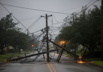 Power outage scene with fallen utility poles and electrical sparks on rainy street