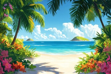Fototapeta premium Vibrant Tropical Beach Scene with Palm Trees