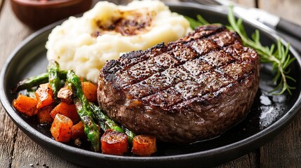 A juicy grilled steak served with creamy mashed potatoes and sauteed vegetables on a rustic plate.