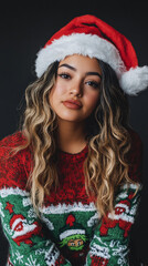 Xmas vibes - waiting for Santa! Young beautiful  woman wearing ugly Christmas sweater, smiling at the camera. Vertical frame for instagram story, reel or tiktok