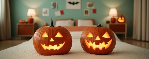 Fototapeta premium 1970s Halloween slumber party, spooky ghost stories being told, glowing jack-o'-lanterns and vintage decor around the room